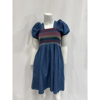 Stella Mccartney Puff-Sleeved Blue Cotton Ruched Chambray Dress Size 8