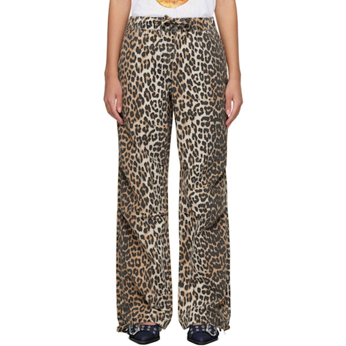 Ganni Leopard Washed Brown Cotton Canvas Drawstring Trousers Size 34
