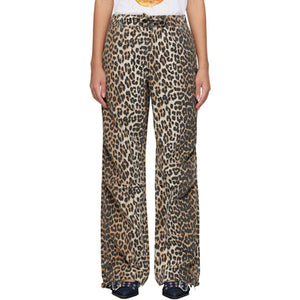 Ganni Leopard Washed Brown Cotton Canvas Drawstring Trousers Size 34