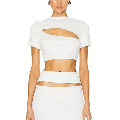 Christopher Esber Ribbed White Slashed Crop Tee Size M