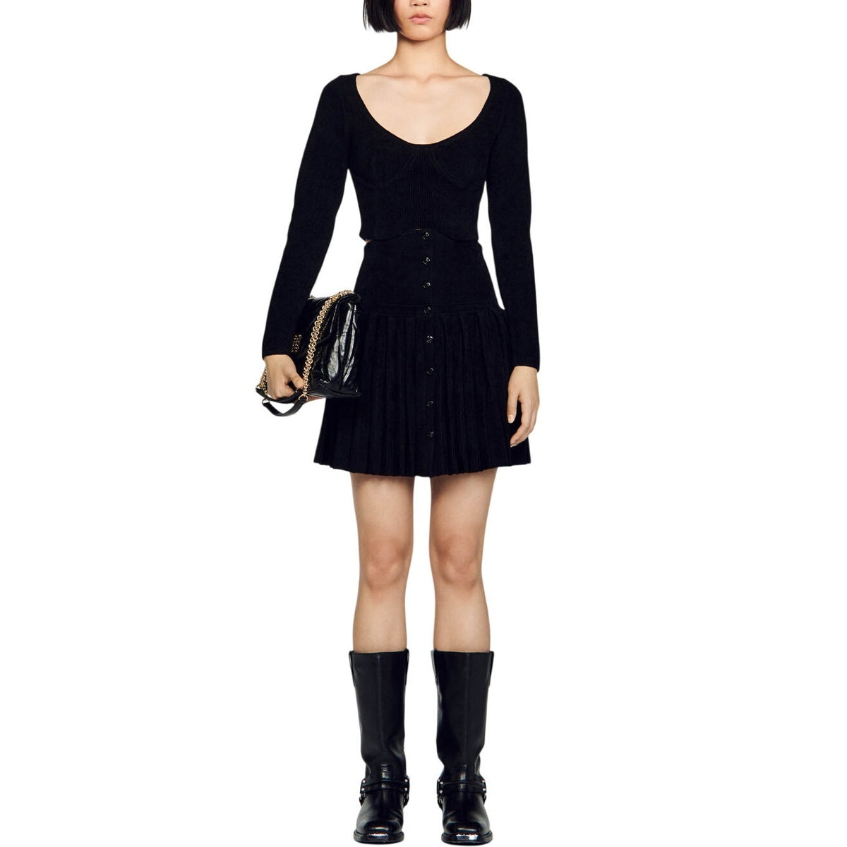 Sandro Cropped Black Velvet Knit Sweater Size S