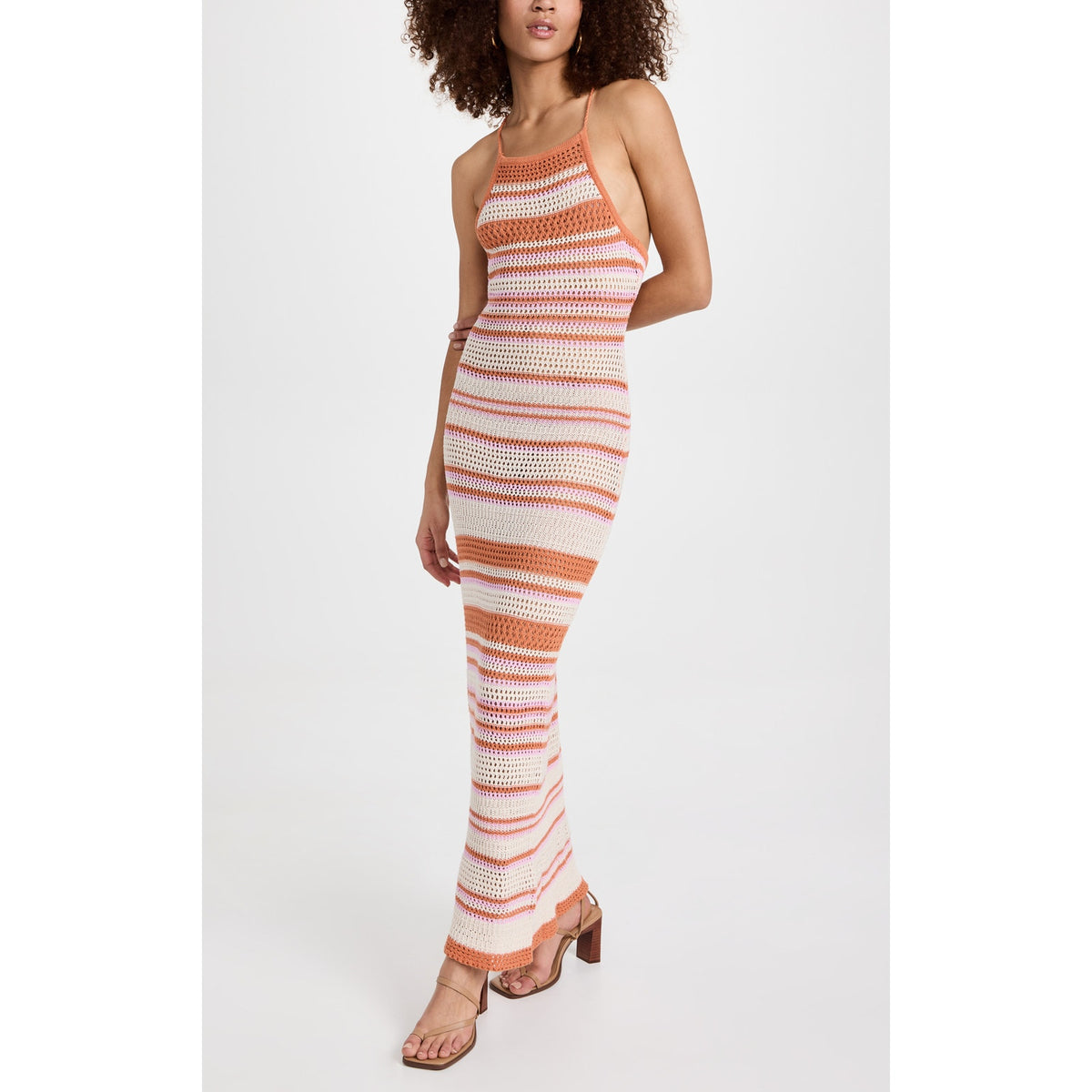 L*Space 'Allegra' Brown Square Neck Halter Strap Stripe Dress Size XS