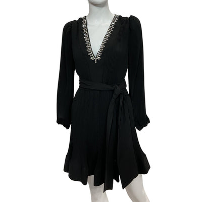 Neiman Marcus Crystal Embellished Black V Neck Pleated Mini Dress Size 4