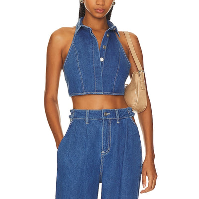 Sovere Denim Mid Blue Advance Halter Top Size L NWT