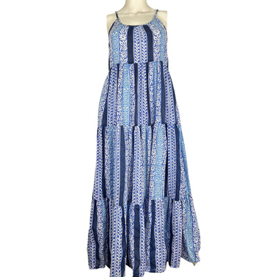 Roller Rabbit Tiered Blue Barre Dakota Maxi Dress Size XS