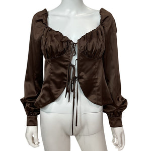 Majorelle Satin Chocolate Brown Waldorf Blouse Size M