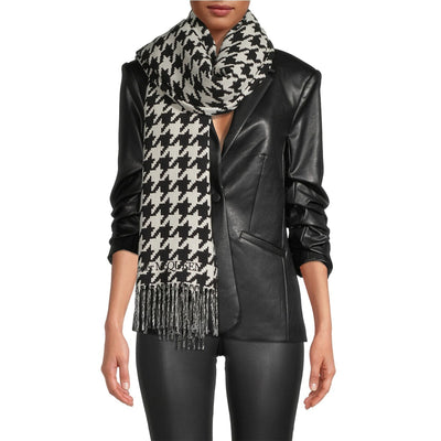 Alexander Mcqueen Fringed Black Houndstooth Scarf