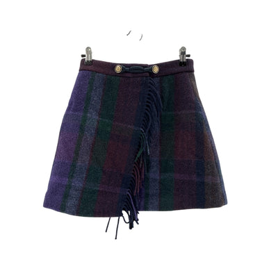 Sandro 'Rosiere' Purple Wool Plaid Fringe Faux Wrap Mini Skirt Size 36