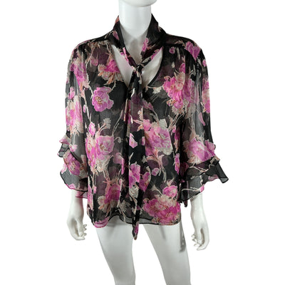 Misa Los Angeles Sheer Black Floral Gigi Blouse Size L