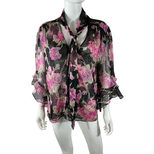 Misa Los Angeles Sheer Black Floral Gigi Blouse Size L