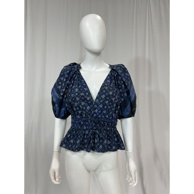 Ulla Johnson 'Ines' Blue Tye Dye Geometric  Ruched V Neck Puff Sleeve Top Size 6