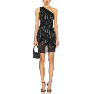 Fleur Du Mal Beaded Black One Shoulder Dangling Stones Dress Size S NWT