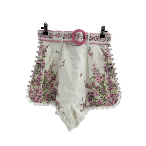 Zimmermann 'Jude' White Linen Belted Floral Shorts Size 1