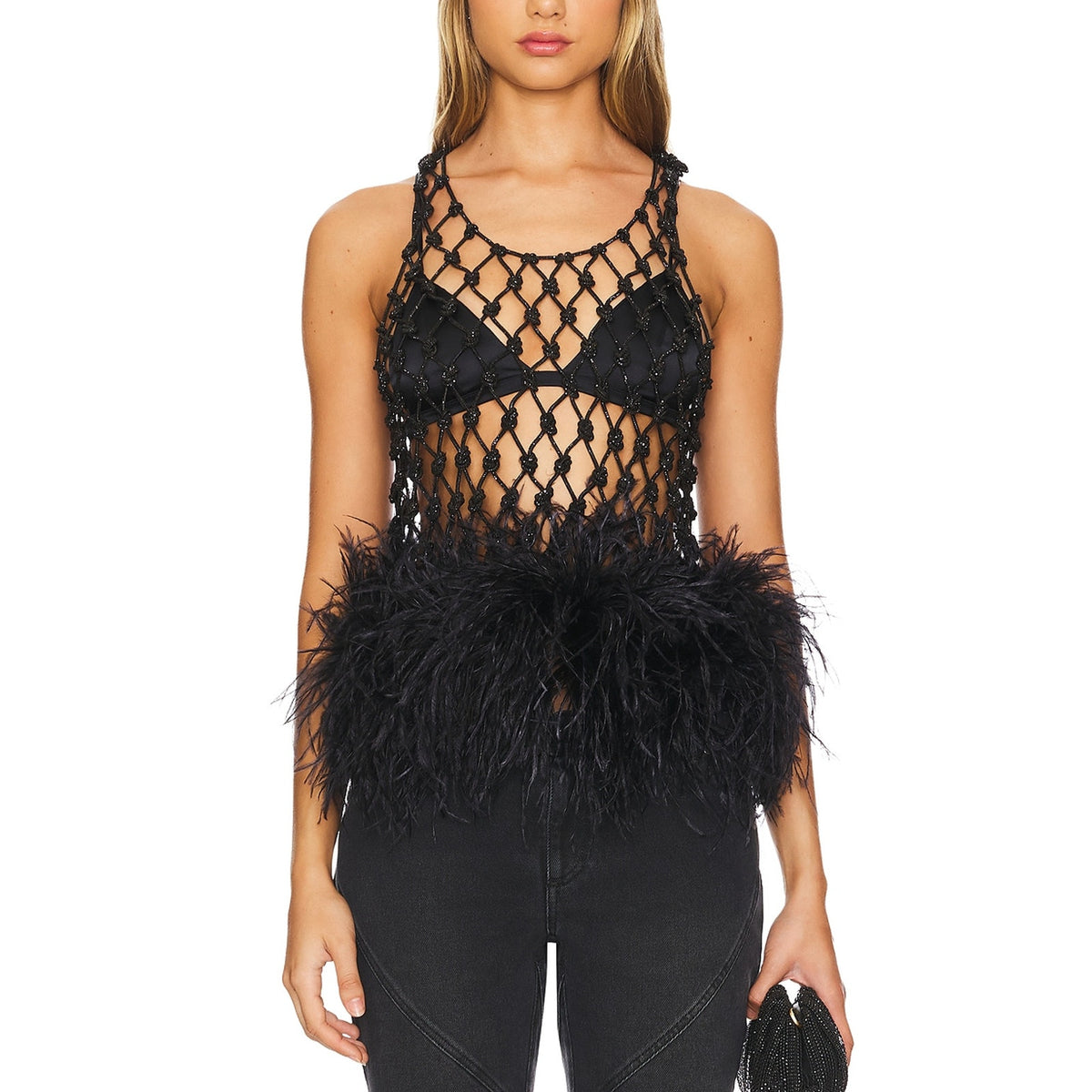 Santa Brands Embellished Black Feather Trim Mesh Tank Top Size XS / S