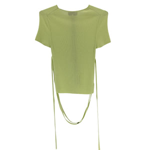 L'Academie Ribbed Green Conary Short Sleeve Tie Top Size L