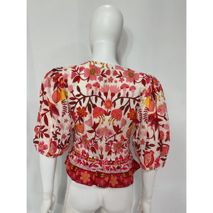 Farm Rio 'Romantic Orchard' White Cotton Puff Sleeve V Neck Top Size S