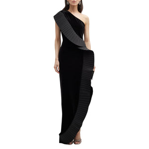 Neiman Marcus Pleated Black Taffeta Velvet Ruffle Dress Size 4