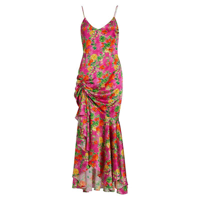 Caroline Constas Ruched Pink Summer Floral Holland Maxi Dress Size XS