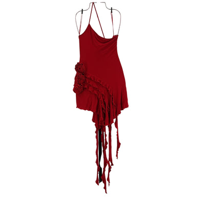 Blumarine Asymmetrical Red Rosette Ruffle Mini Dress Size 38 IT