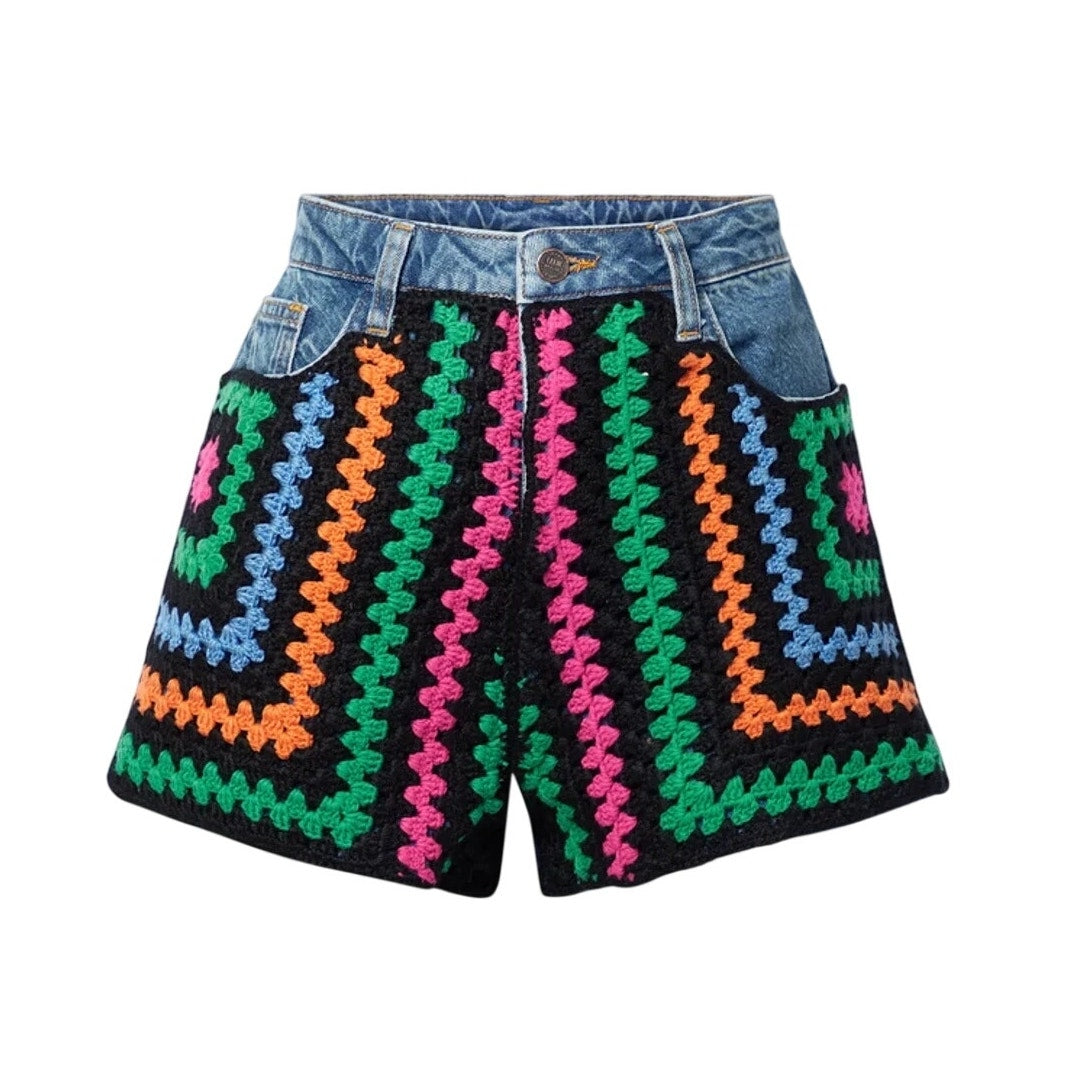 Farm Rio Crochet Paneled Multicolor Denim Shorts Size 25