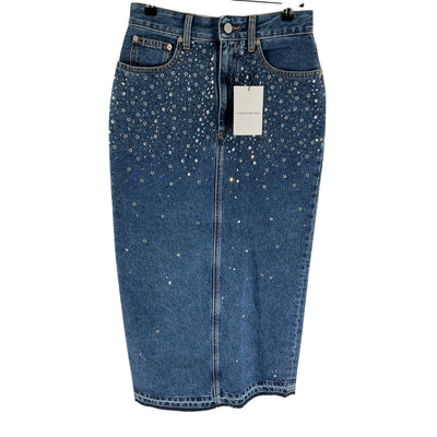 Alessandra Rich Embellished Blue Denim Midi Skirt Size 25 NWT