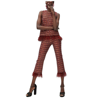 Trina Turk Feather Trimmed Burgundy Shibui Pants Size 6