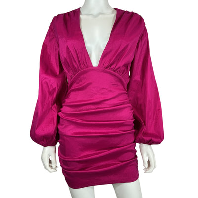 Lovers And Friends Sleek Fuchsia Ruched Plunge Mini Dress Size S