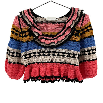 Zimmermann Textured Multicolor Ruffled Crocheted Cotton Sweater Size 1