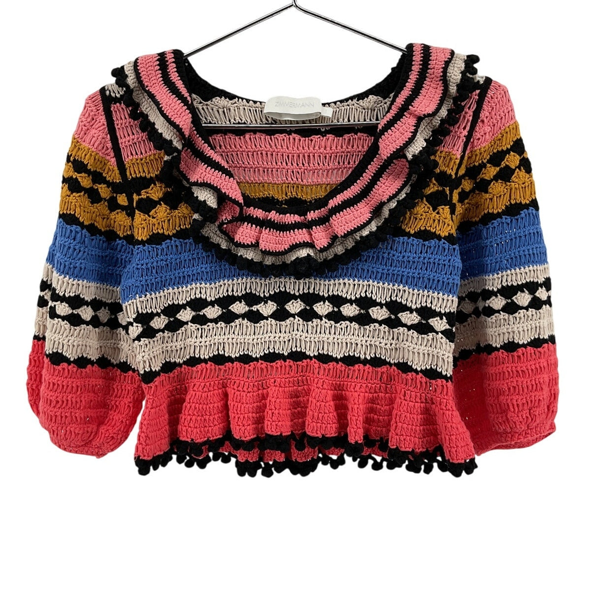 Zimmermann Textured Multicolor Ruffled Crocheted Cotton Sweater Size 1