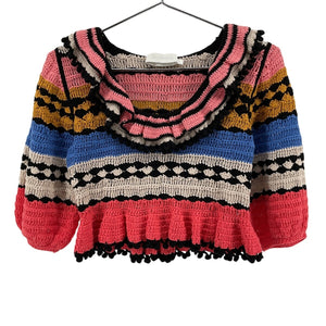 Zimmermann Textured Multicolor Ruffled Crocheted Cotton Sweater Size 1