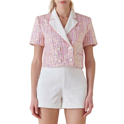 Endless Rose Shimmering Pink Tweed Short Sleeve Cropped Blazer Size S NWT