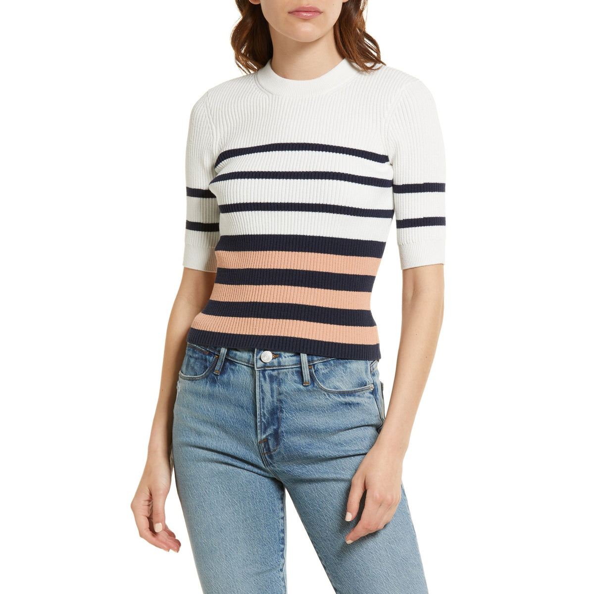 Frame Striped Pink Clay Multi Rib Short Sleeve Size Small Sweater