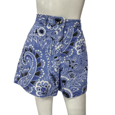 Etro Vibrant Blue Paisley Cotton High Waist Shorts Size 16 NWT