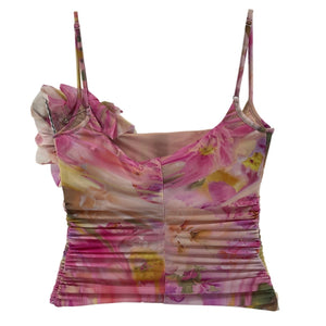 Blumarine Printed Pink Vivid Rose Rosette Ruched Tank Top Size IT 36 / US 0 NWT
