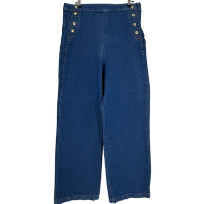 Frame Chic Blue Sailor Button-Embellished High-Rise Wide-Leg Denim Jeans Size 33