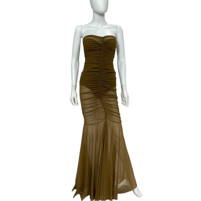Norma Kamali Strapless Bronze Shirred Fishtail Gown Size XS