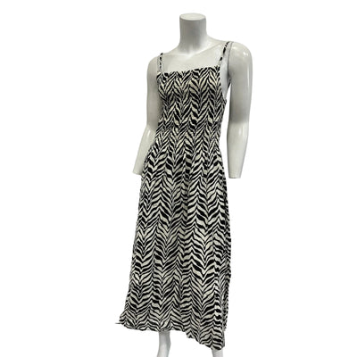 Faithfull The Brand 'Nolie' Black Shirred Zebra-Print Poplin Midi Dress Size 8