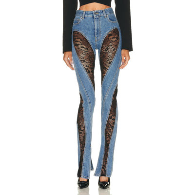 Mugler Paneled Blue Spiral Lace Skinny Denim Jeans Size 36 EU / US S NWT
