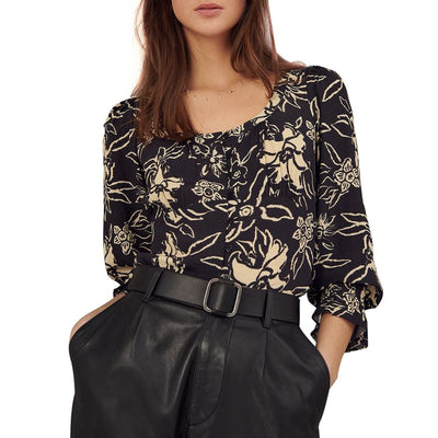 Ba&Sh 'Sessee' Black Floral Print Three Quarter Sleeve U Neck Button Blouse Size 1