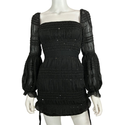 Self-Portrait Embellished Black Sequin Shirred Mini Dress Size 2