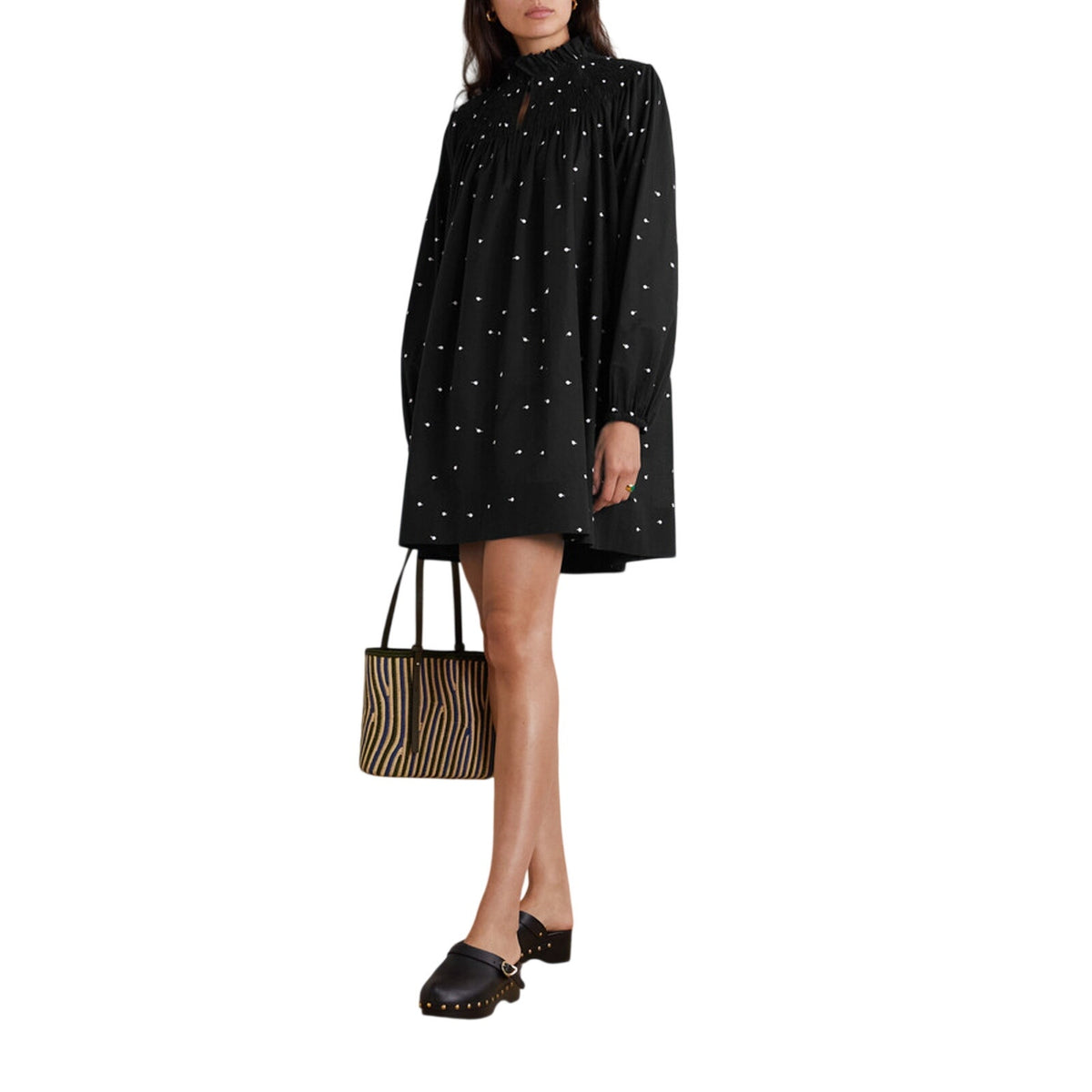 Three Graces London Shirred Swiss Dot Black Antoinette Mini Size 6 US / UK 10 Dress
