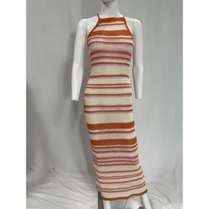 L*Space 'Allegra' Brown Square Neck Halter Strap Stripe Dress Size XS