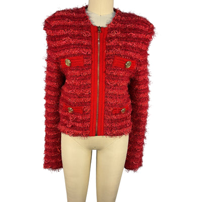 Balmain Structured Red Strong Shoulder Tweed Jacket Size FR 36