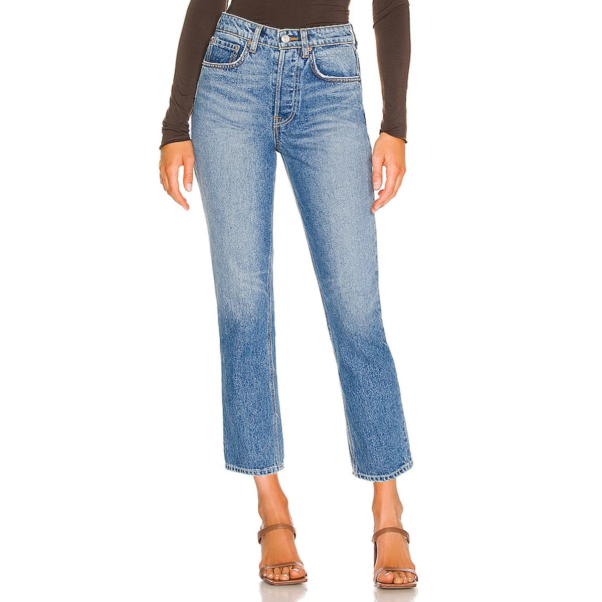 Grlfrnd High Rise Blue Karolina Straight Crop Denim Jeans Size 28