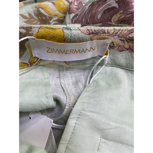 Zimmermann Green Linen Floral-Print Straight-Leg Pants Size 1 - NWT