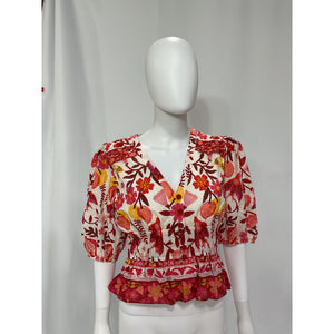Farm Rio 'Romantic Orchard' White Cotton Puff Sleeve V Neck Top Size S