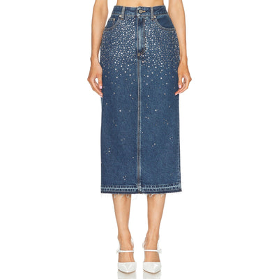 Alessandra Rich Embellished Blue Denim Midi Skirt Size 25 NWT