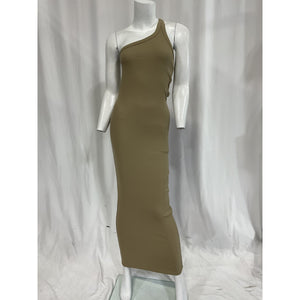 The Line by K Olive Gael One-Shoulder Ribbed Stretch-Cotton Maxi Dress Size S - NWT