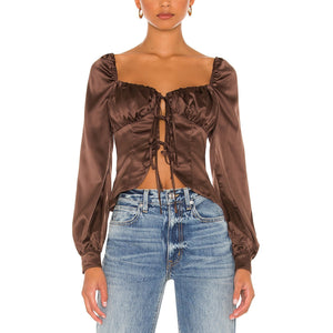 Majorelle Satin Chocolate Brown Waldorf Blouse Size M
