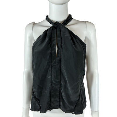 Frame Lace-Trimmed Black Twist-Front Halterneck Top Size L